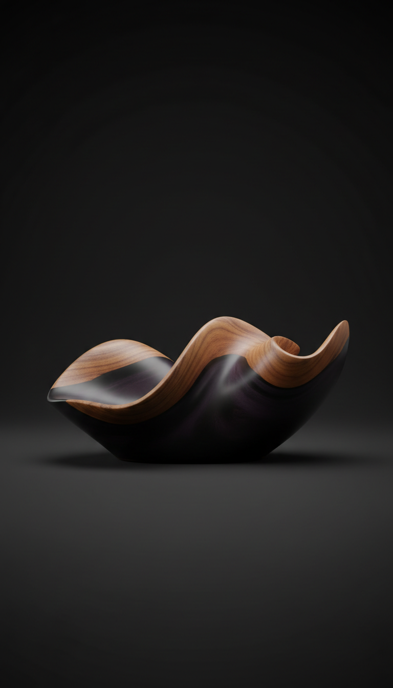 Obsidian black wave resin and walnut sculpture