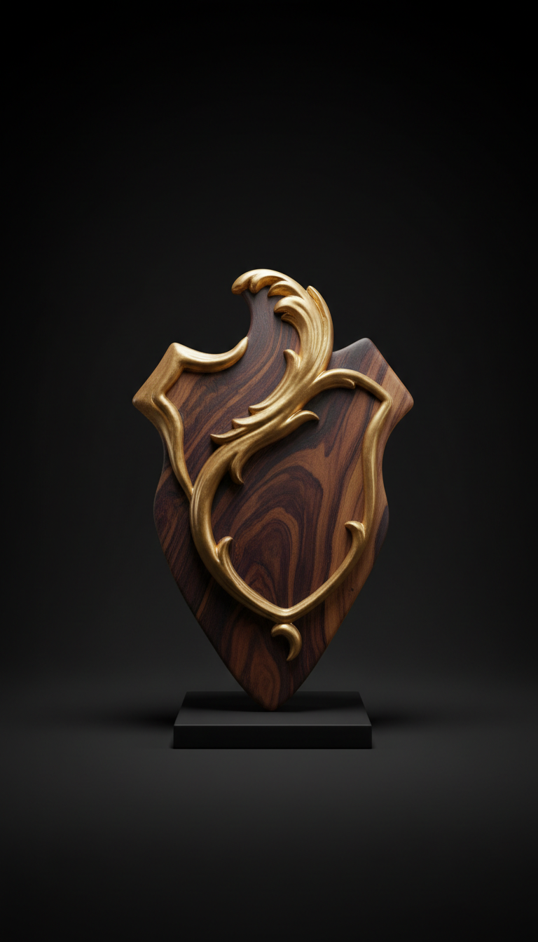 Antique gold crest epoxy and espresso wood tabletop sculpture